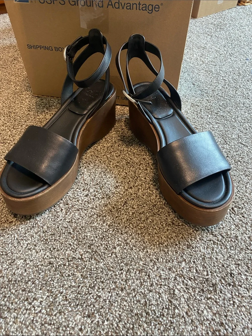 Vince Black Leather Ankle-Strap Wedge Sandals with Brown Platform